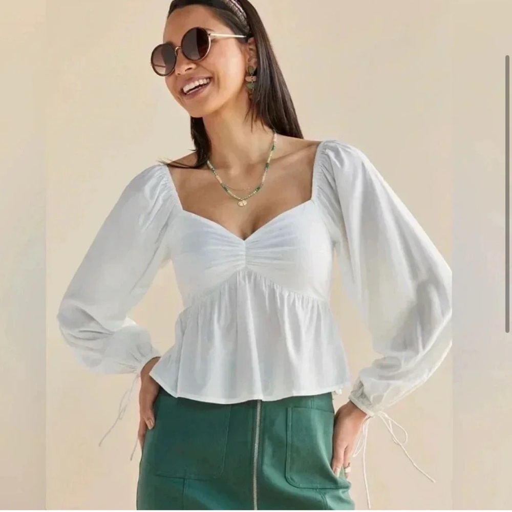 Francesca’s White Lindsey Cinched Front Tie Blouse - Picture 1 of 7